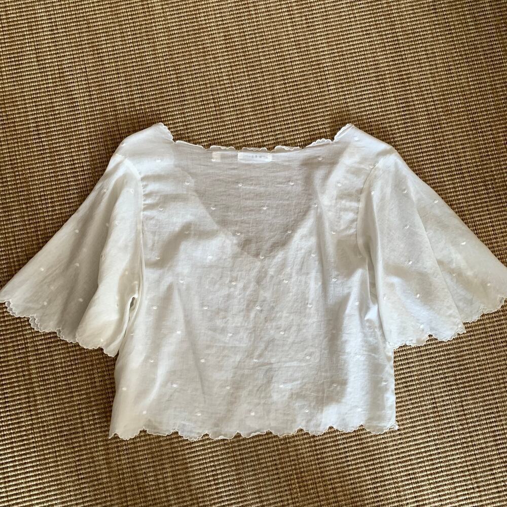 Doen Kacy Embroidered Bow Ribbon Scalloped V Neck Cotton Blouse Top Salt - Picture 10 of 14